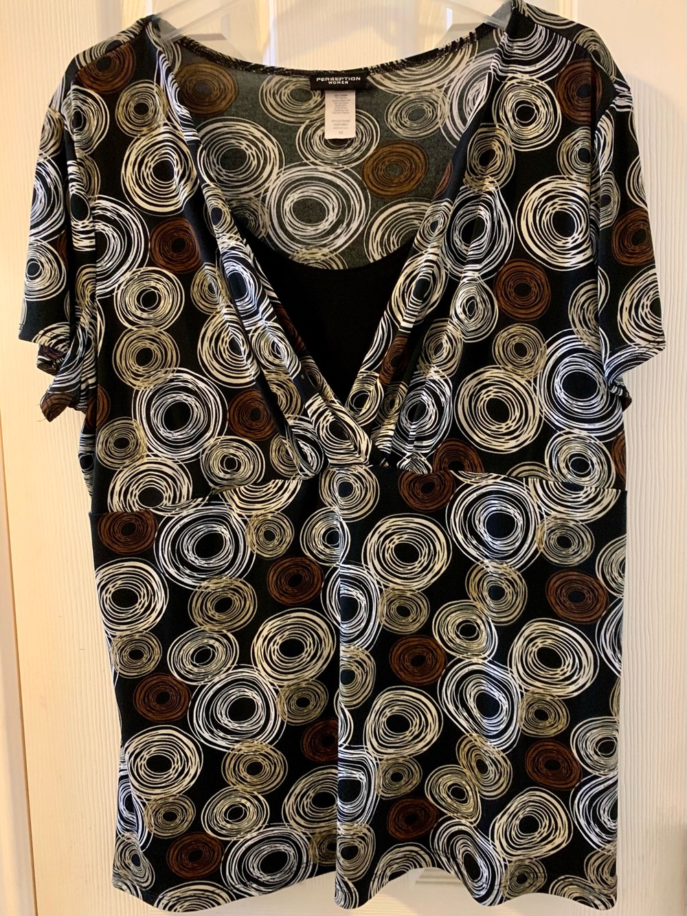 Perseption Black V-Neck Short Sleeve Top with White, Tan and Brown Swirl Print